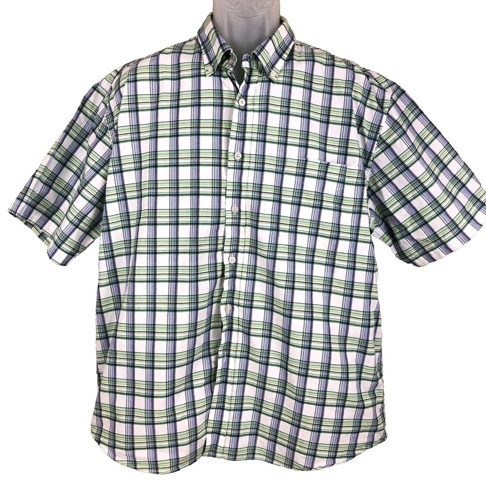 Alan Flusser Button Shirt‎ Mens XL Green Plaid Short Sleeve 100% Cotton casual